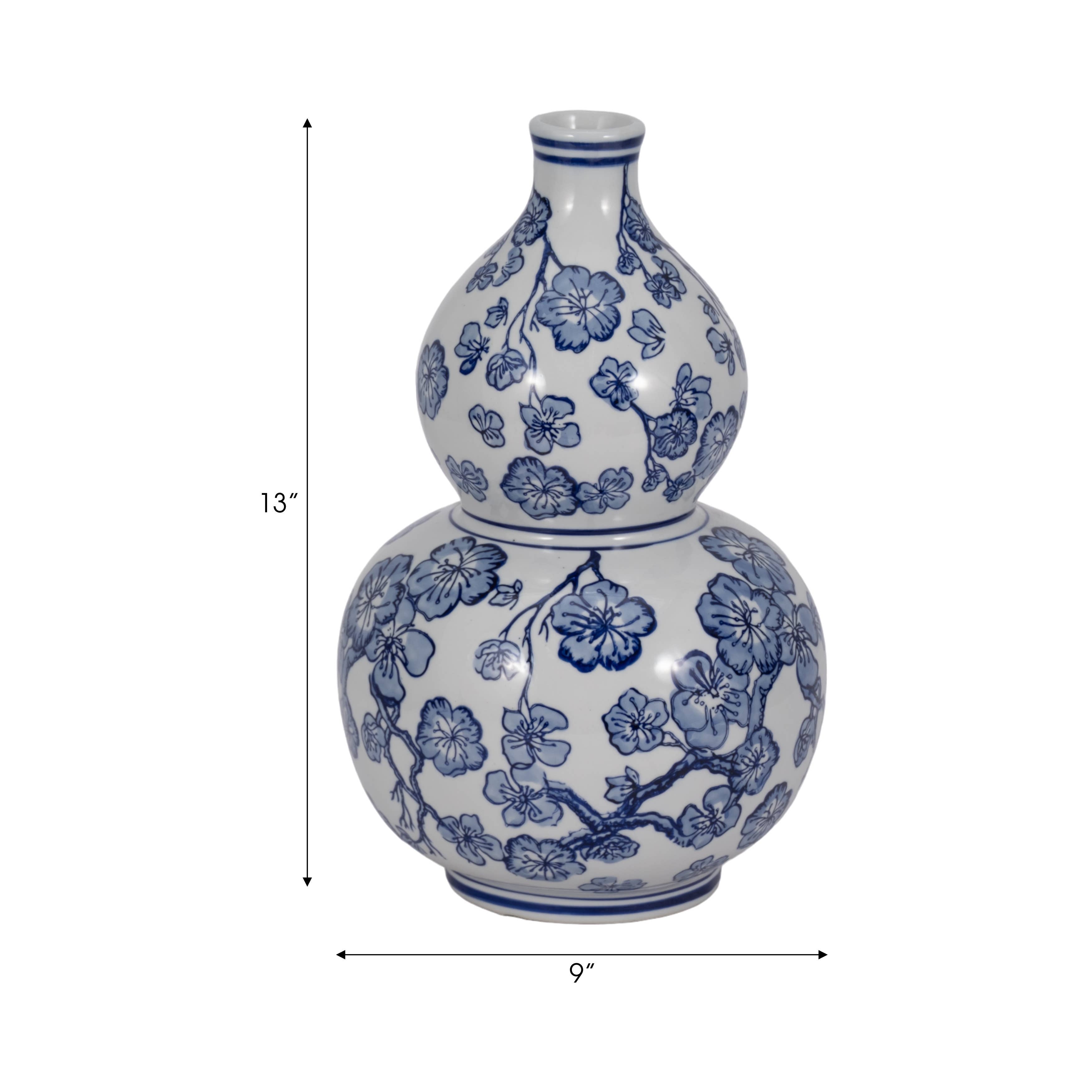 Blue/White 13 in. Cherry Blossom Chinoiserie Gourd Vase