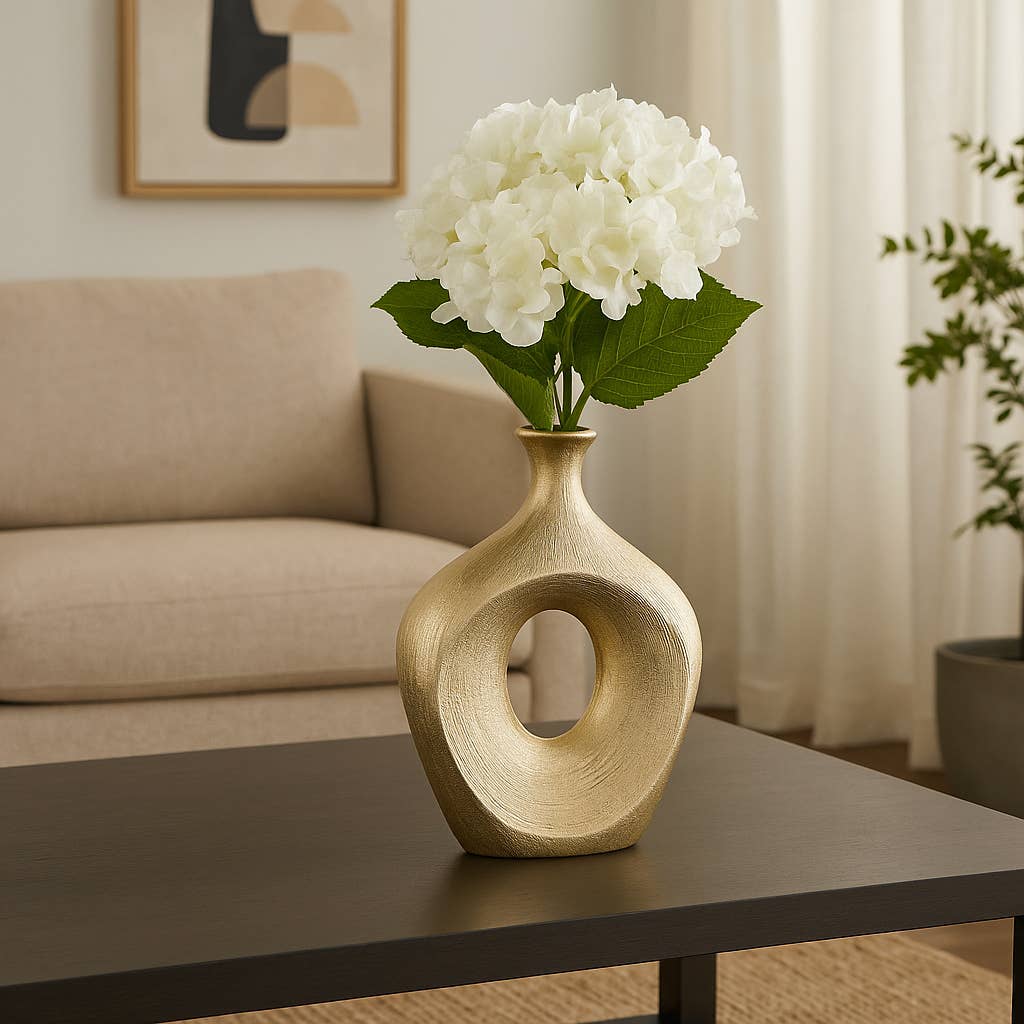 Vase - Gold Ceramic Scratched Oval Cut-Out, 13 in.
