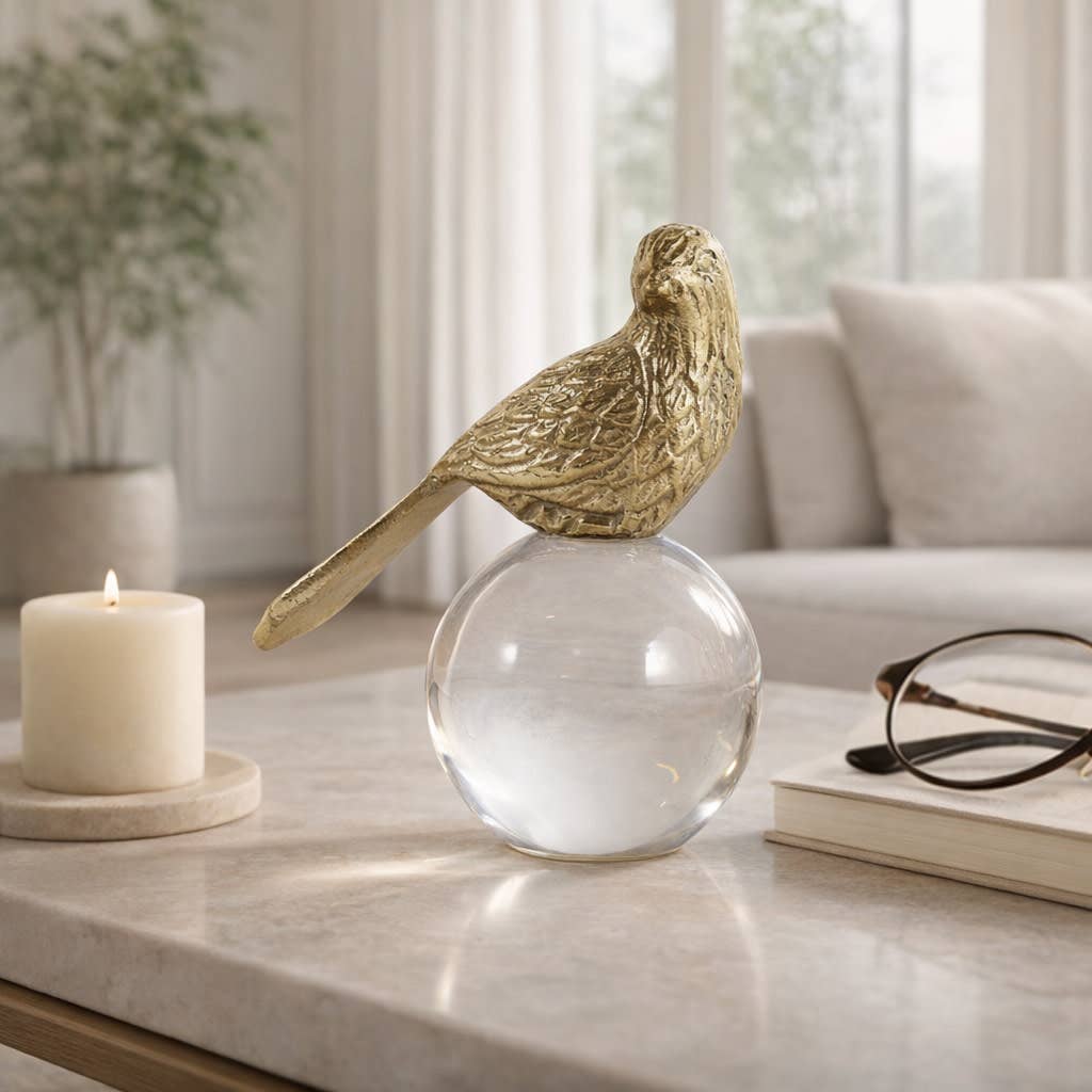 Sculpture - Gold Metal Bird Perched on Acrylic Ball, 6 in.