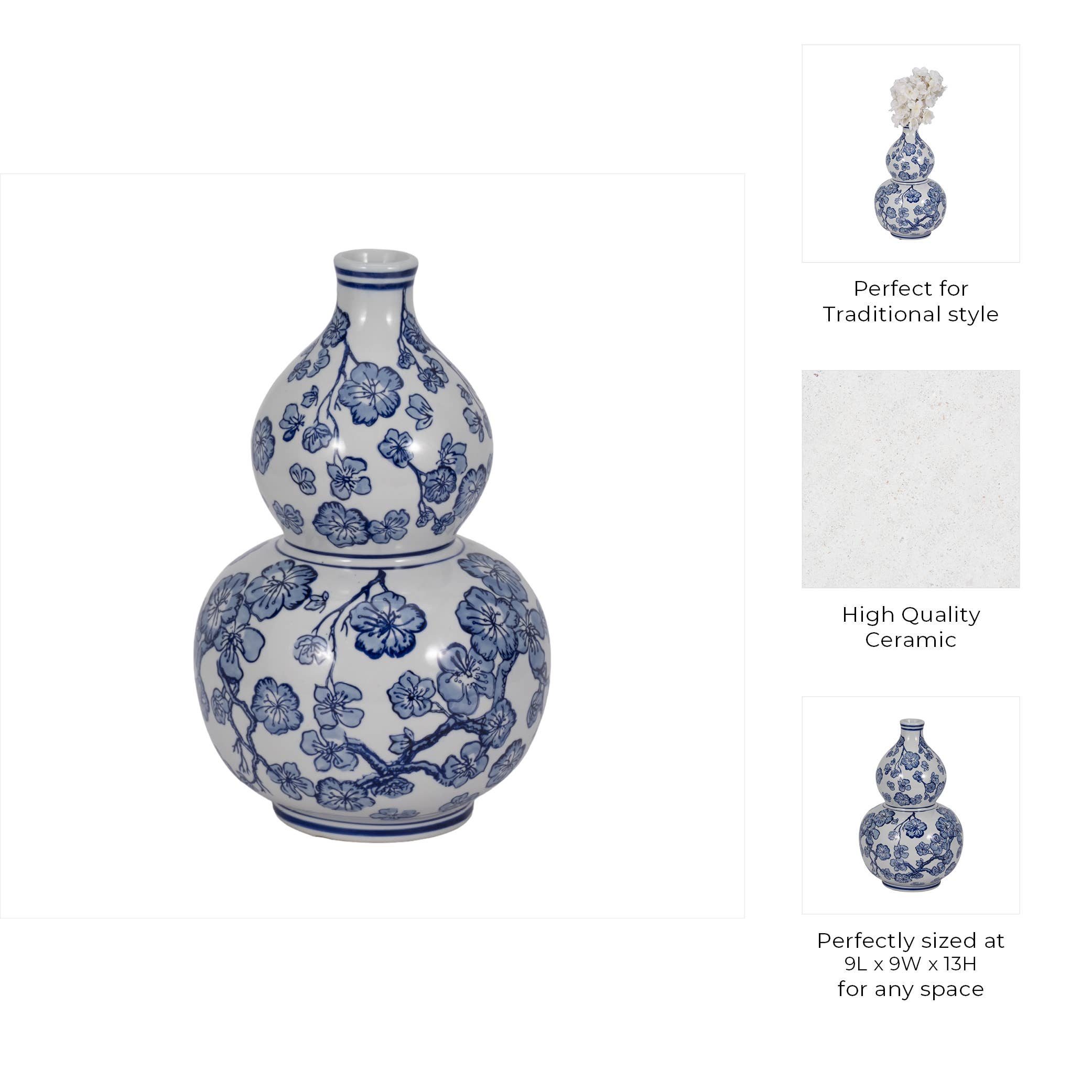Blue/White 13 in. Cherry Blossom Chinoiserie Gourd Vase
