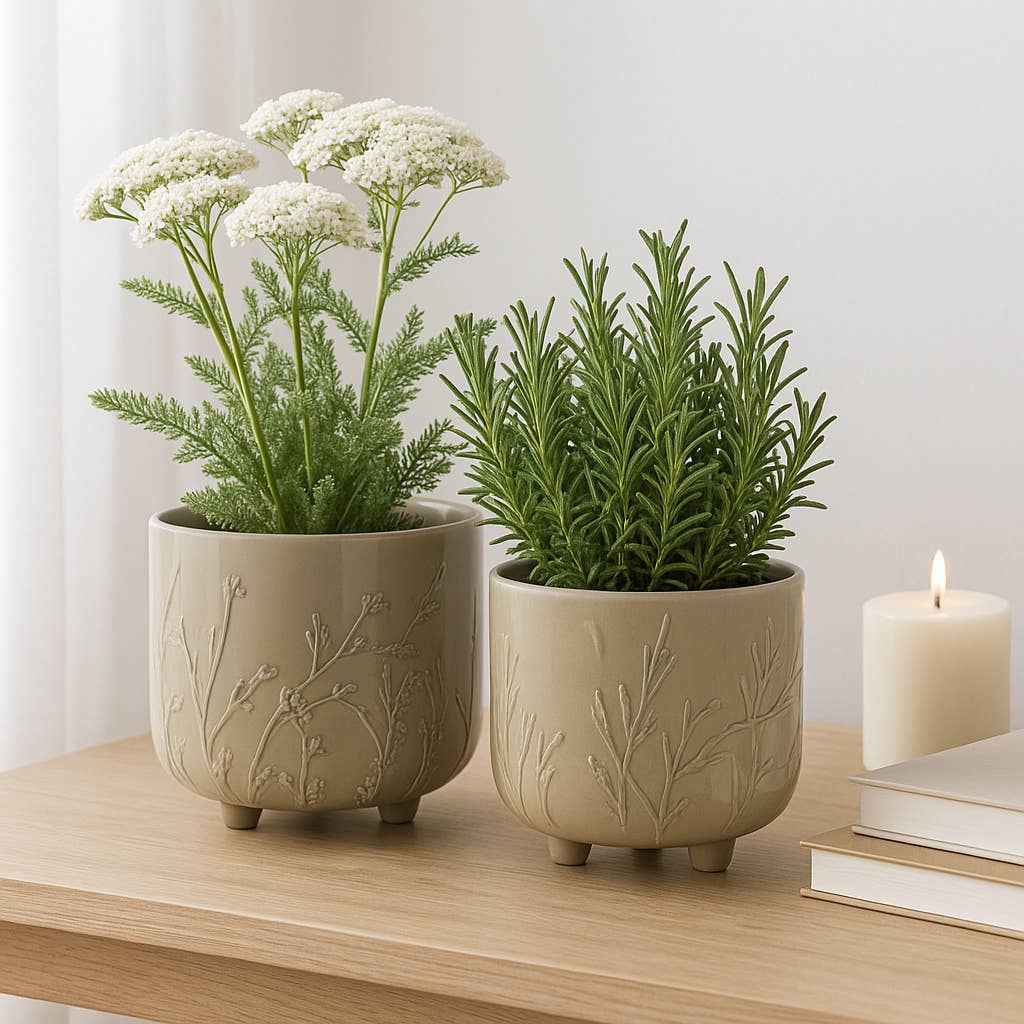 Planters Set of 2 - Sage Ceramic Flower Branches, 9/11 in