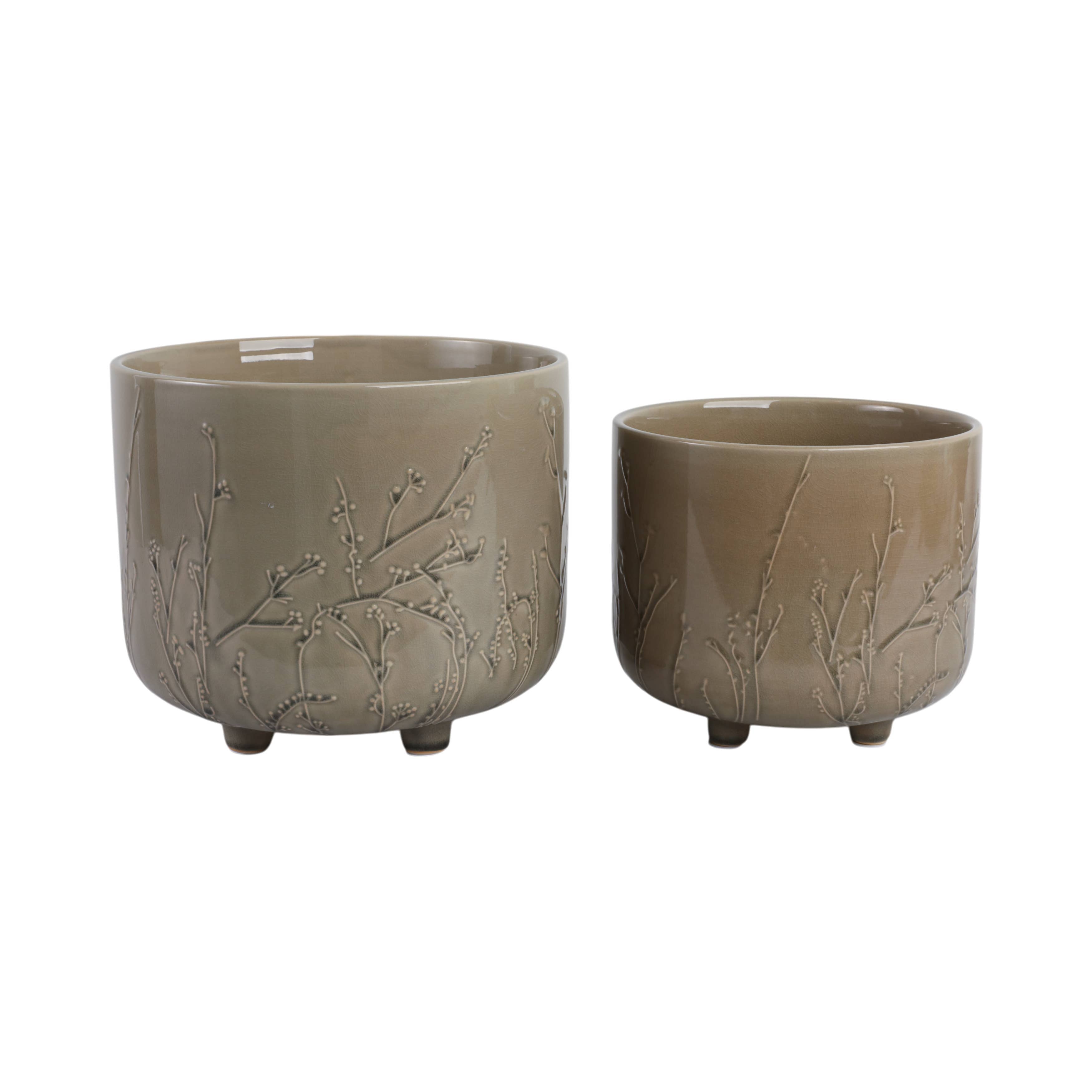 Planters Set of 2 - Sage Ceramic Flower Branches, 9/11 in