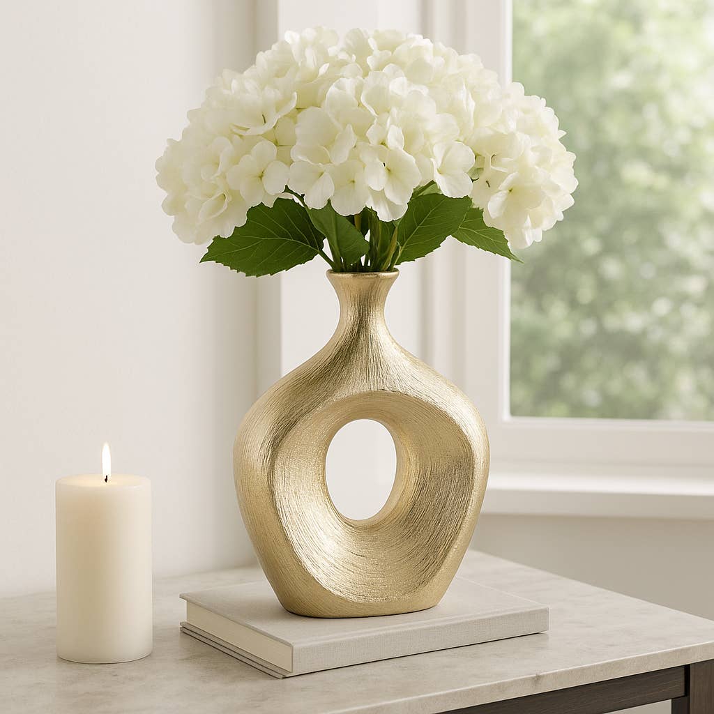Vase - Gold Ceramic Scratched Oval Cut-Out, 13 in.