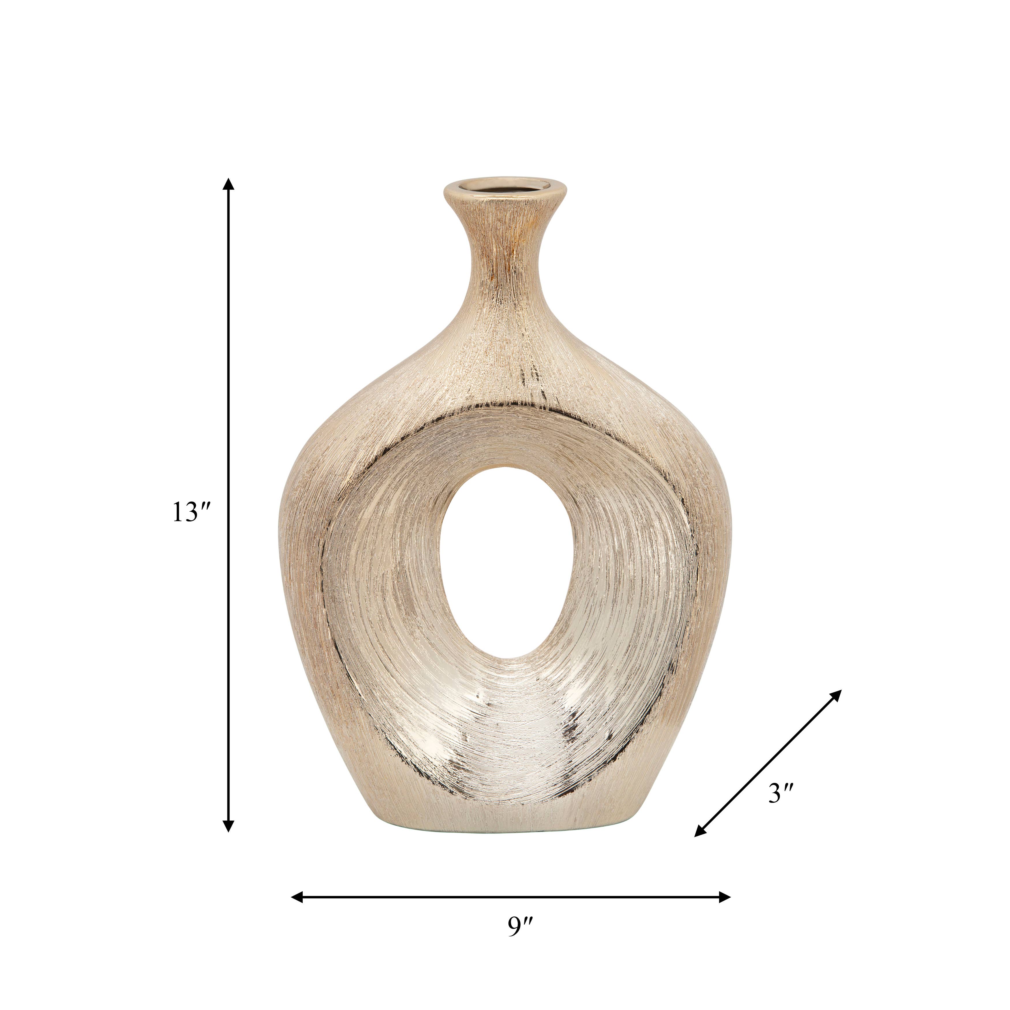 Vase - Gold Ceramic Scratched Oval Cut-Out, 13 in.