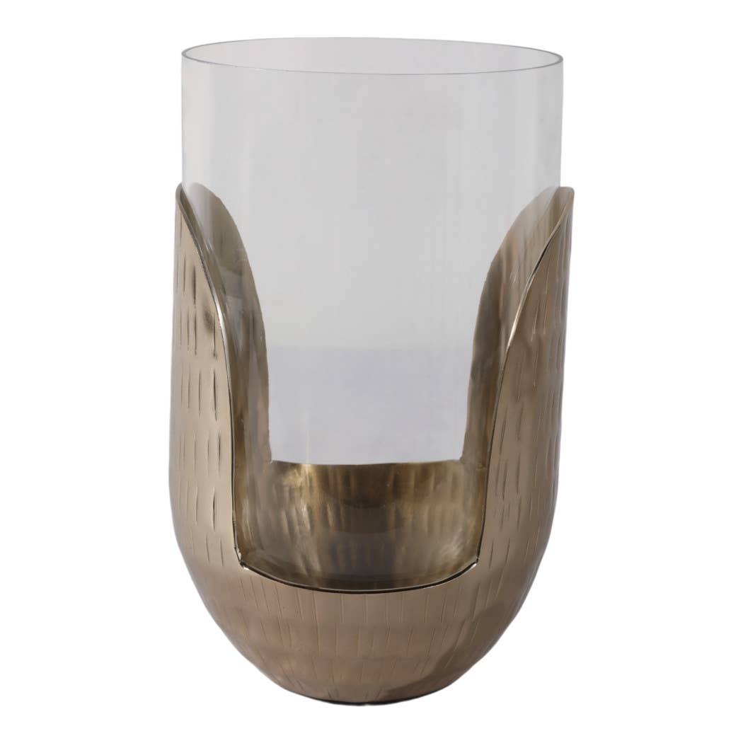 Candle Holder- Gold/Clear Metal Base Hurricane Pillar, 10 in