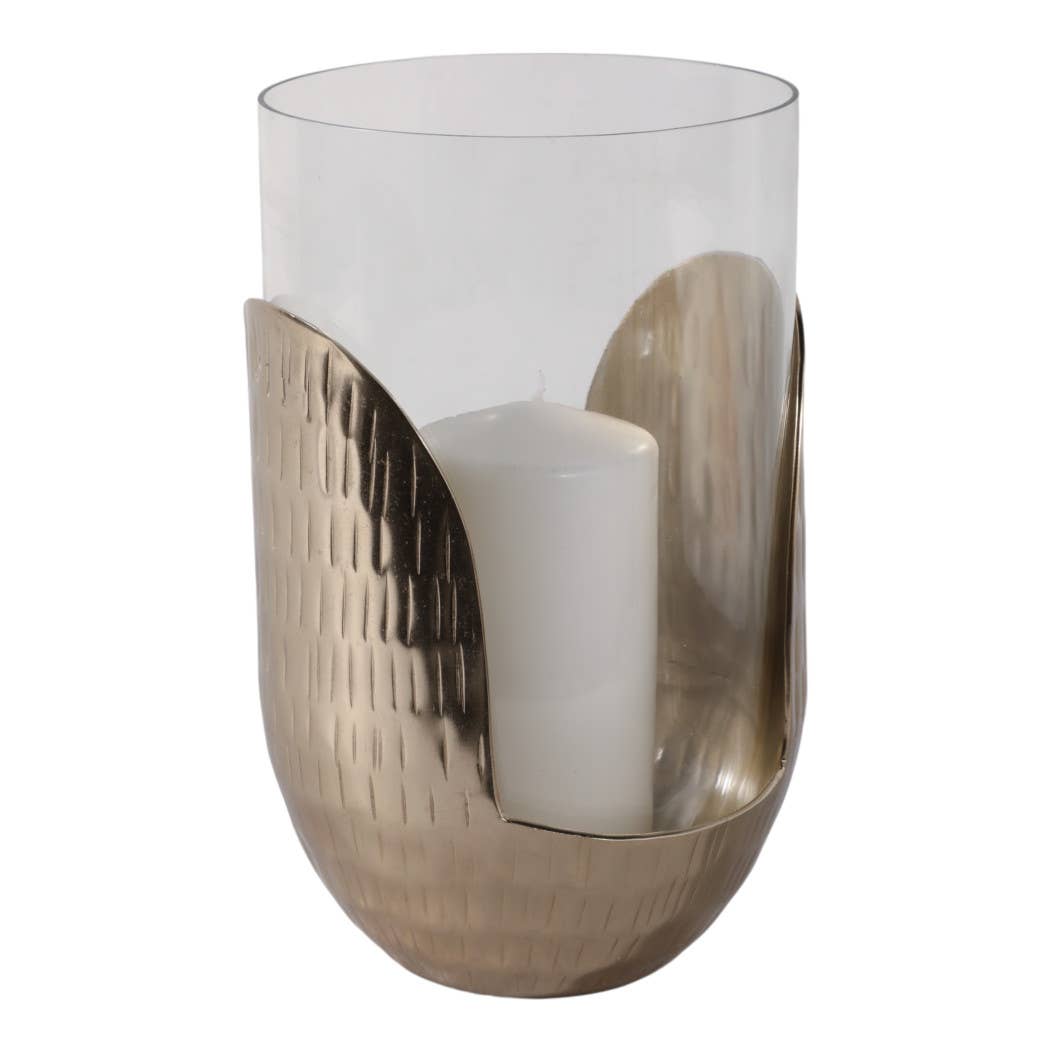 Candle Holder- Gold/Clear Metal Base Hurricane Pillar, 10 in