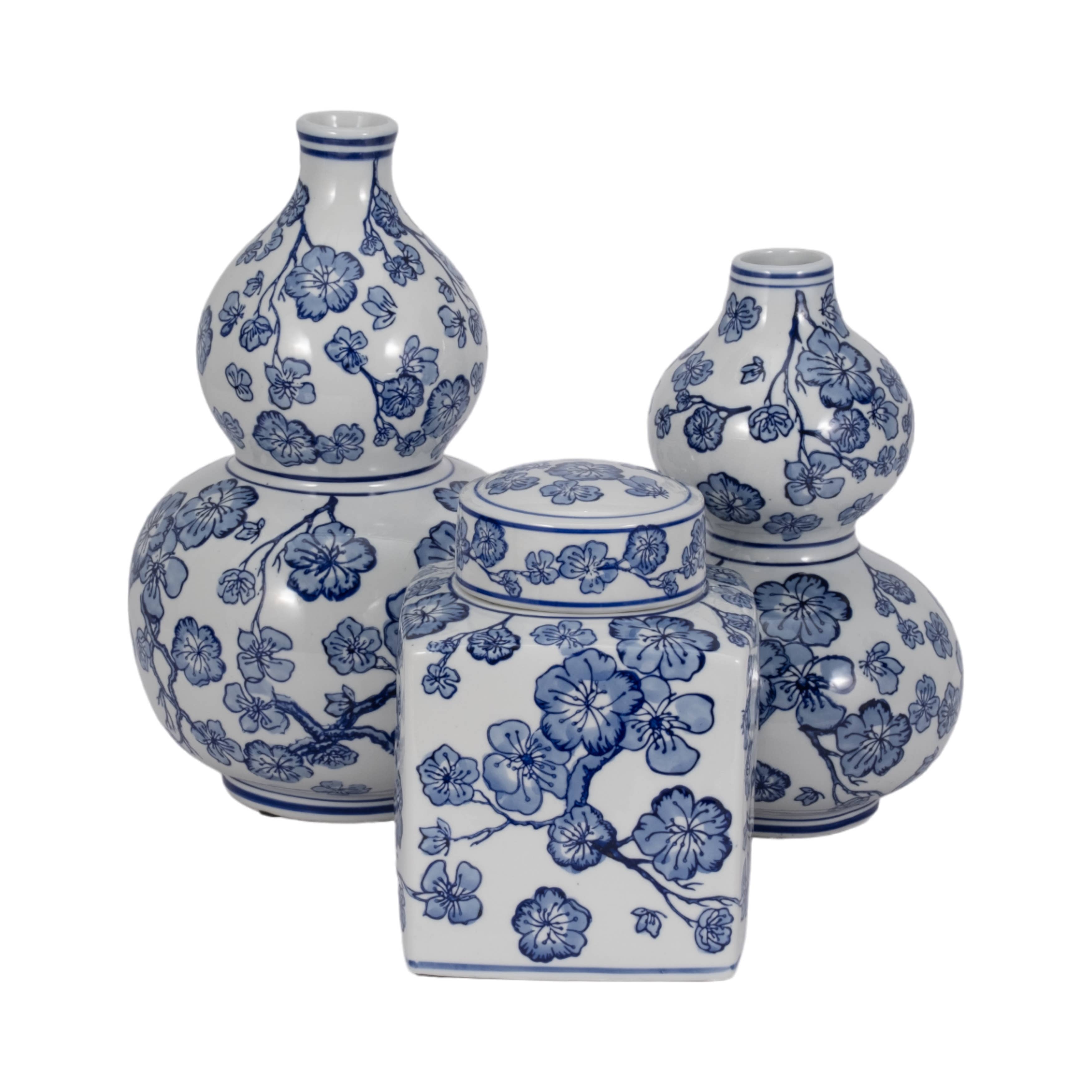 Blue/White 13 in. Cherry Blossom Chinoiserie Gourd Vase
