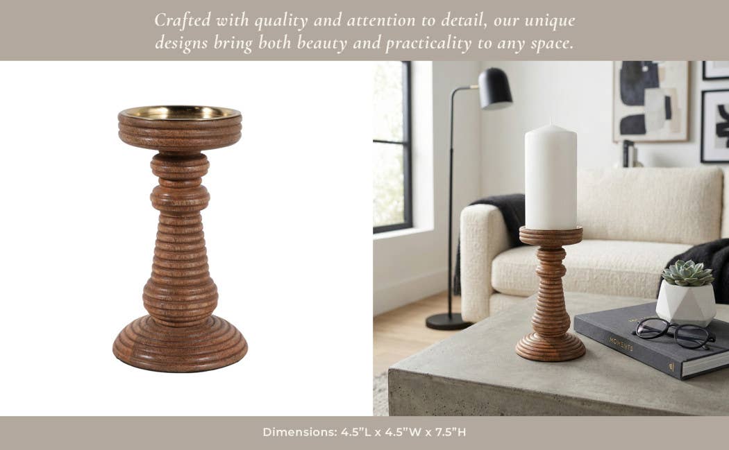 Candle Holder - Brown Mango Wood Ribbed Pillar, 7 in.