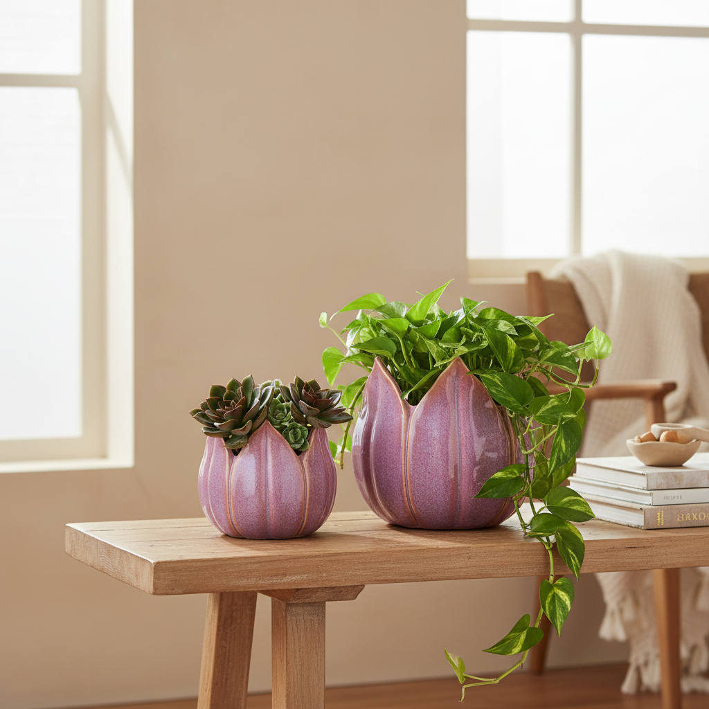 Purple Ceramic Petal Planters with Plants